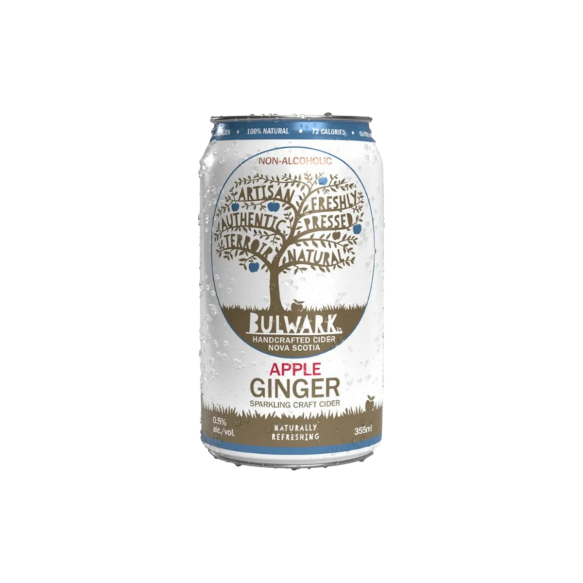 355mL can of Bulwark Apple Ginger Non-Alcoholic Craft Cider with steeped ginger root and Annapolis Valley apples