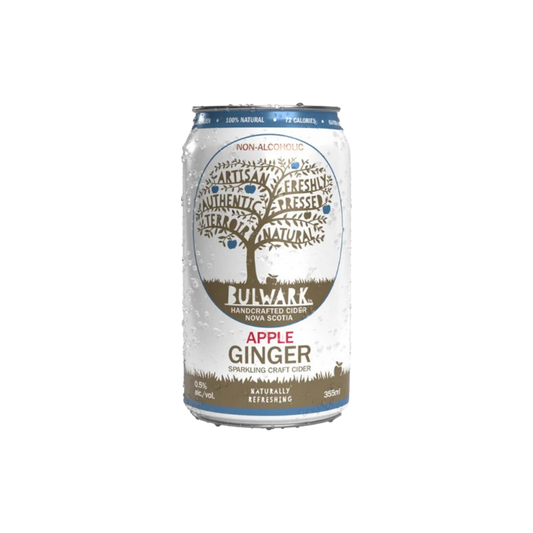 355mL can of Bulwark Apple Ginger Non-Alcoholic Craft Cider with steeped ginger root and Annapolis Valley apples